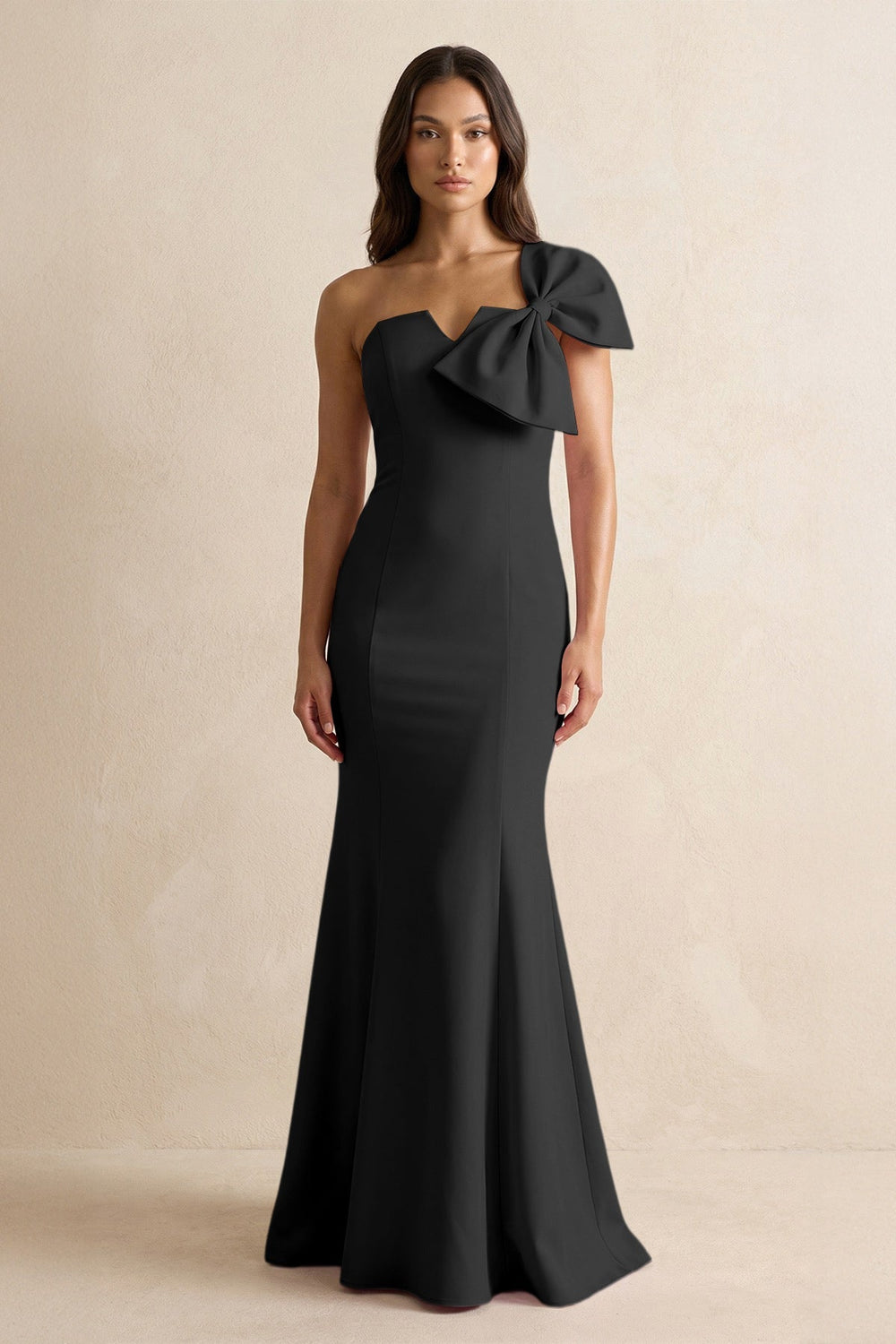 Bow Mermaid One Shoulder Bridesmaid Dress in Black