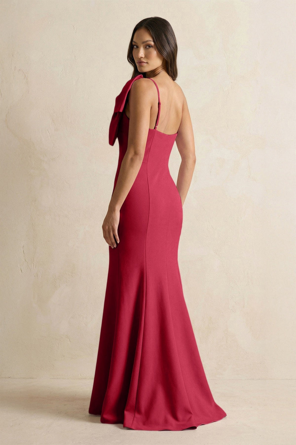 Bow Mermaid One Shoulder Bridesmaid Dress in Burgundy