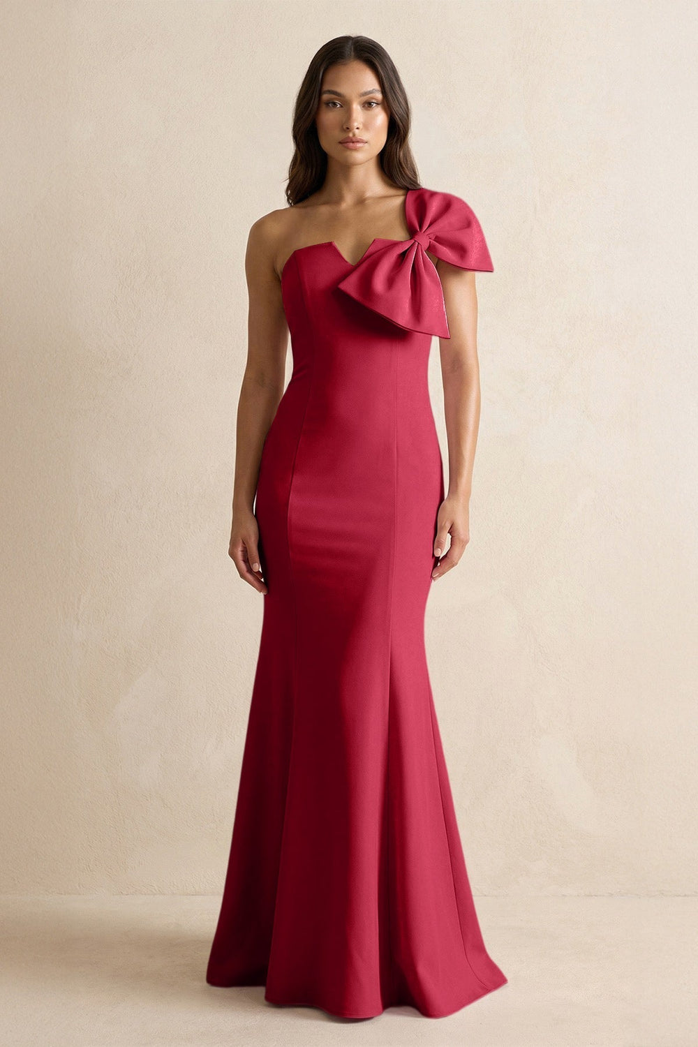 Bow Mermaid One Shoulder Bridesmaid Dress in Burgundy