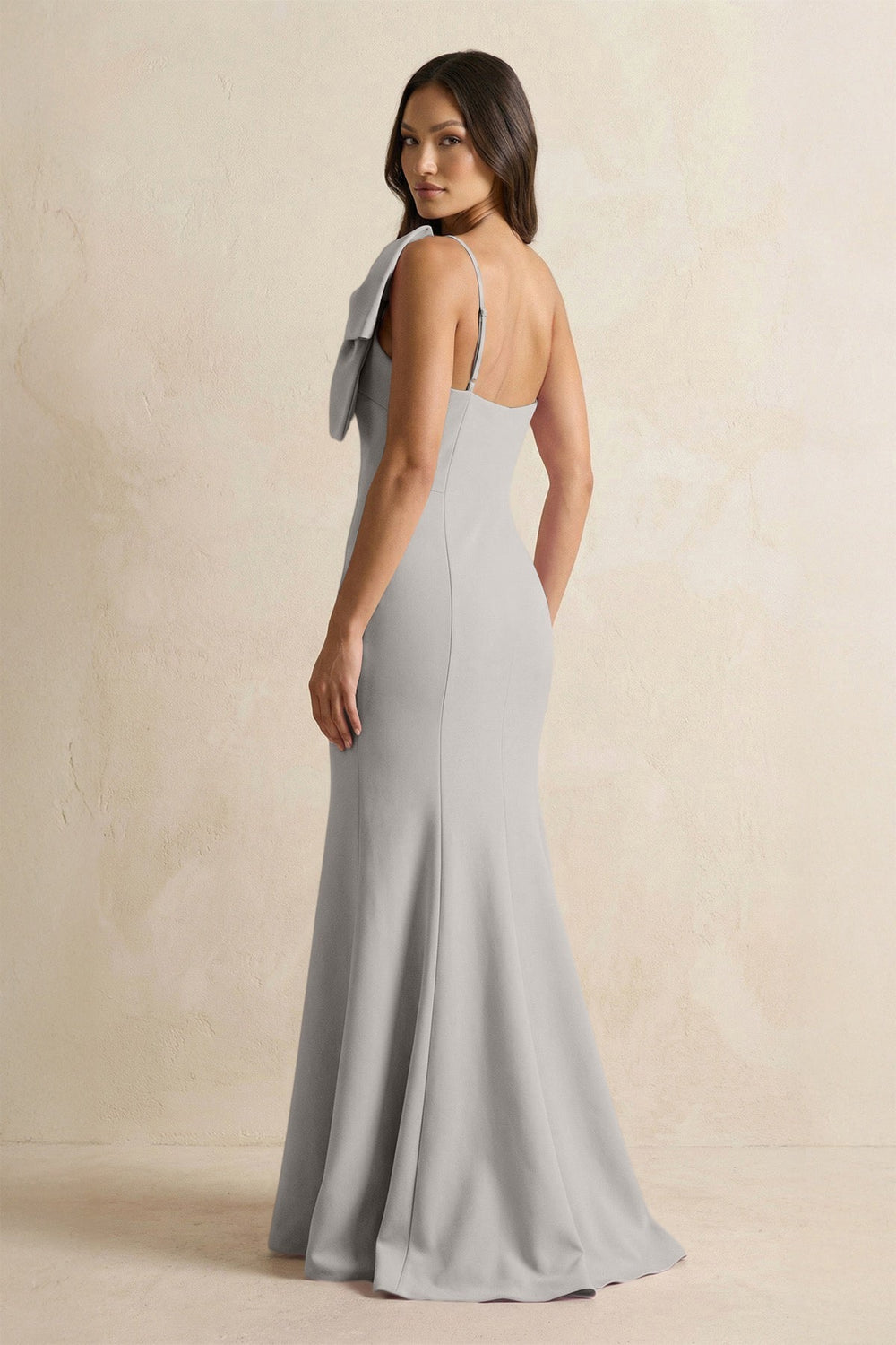 Bow Mermaid One Shoulder Bridesmaid Dress in Dove Gray