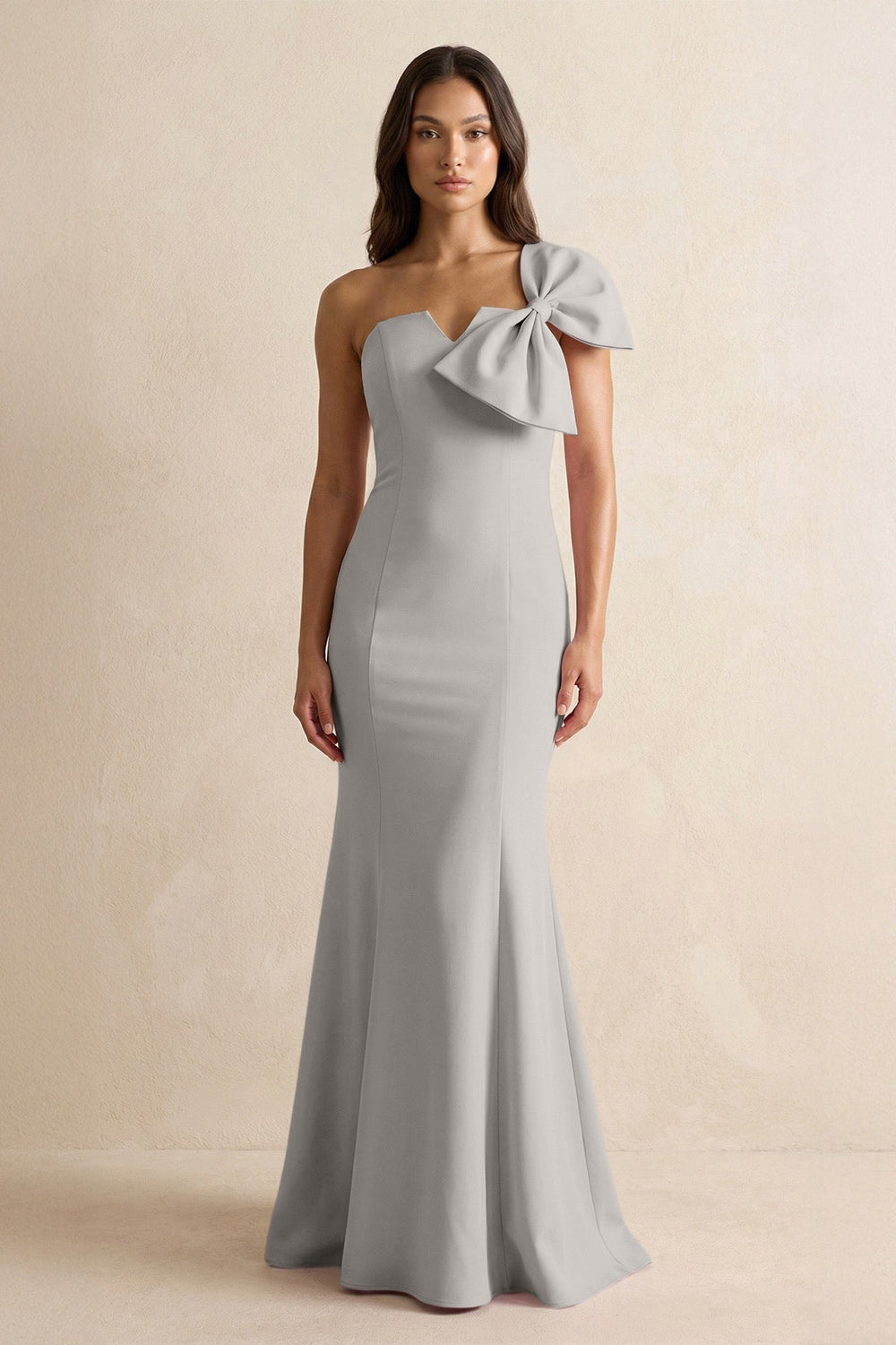 Bow Mermaid One Shoulder Bridesmaid Dress in Dove Gray