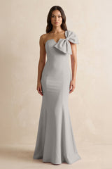 Bow Mermaid One Shoulder Bridesmaid Dress in Dove Gray - KISS BRIDAL Bridesmaid Dresses