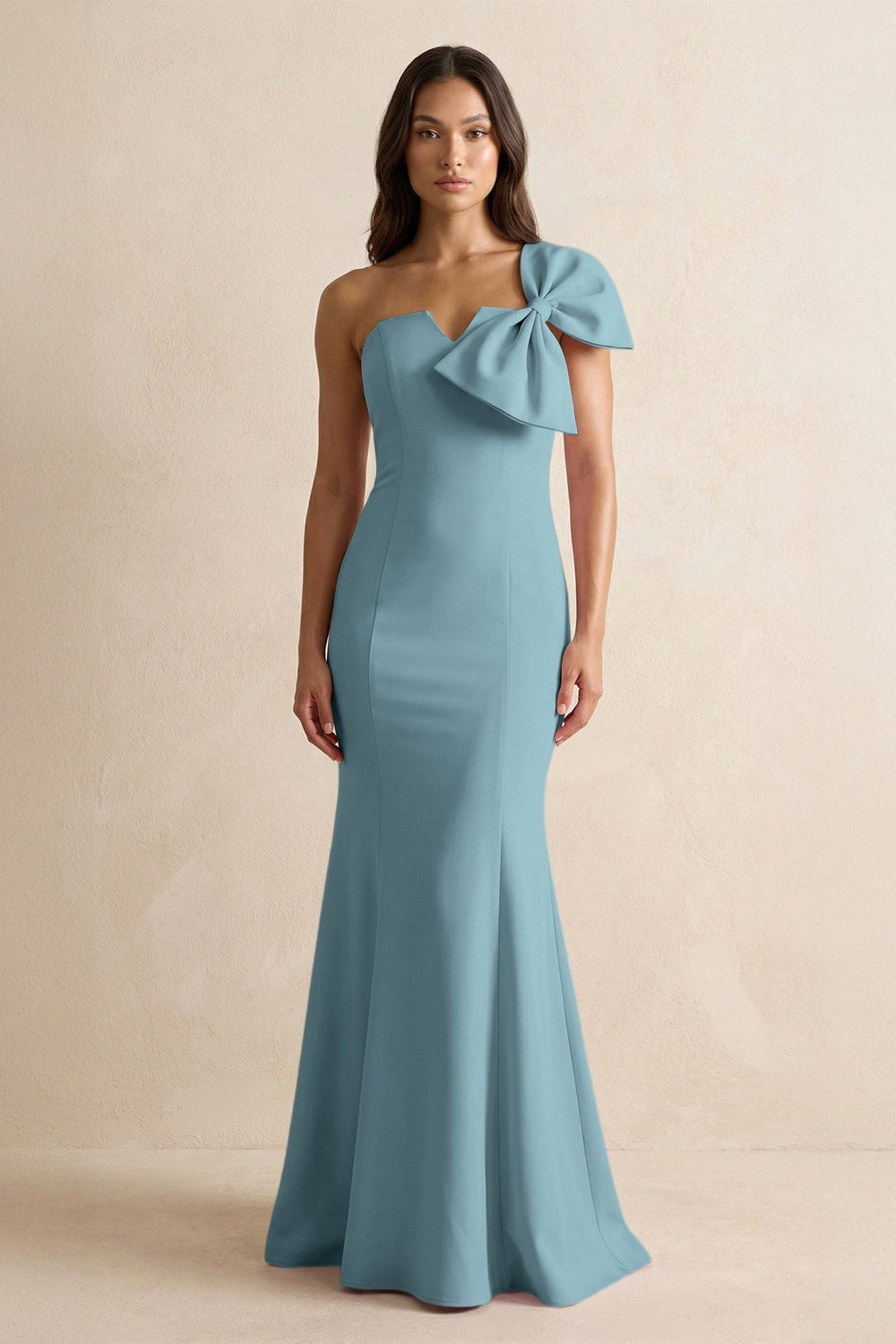 Bow Mermaid One Shoulder Bridesmaid Dress in Dusty Blue