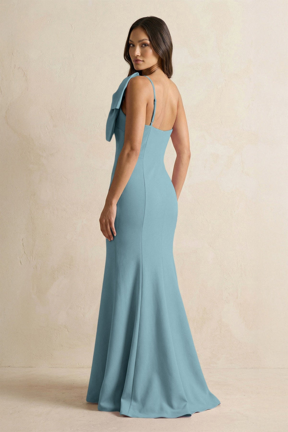 Bow Mermaid One Shoulder Bridesmaid Dress in Dusty Blue