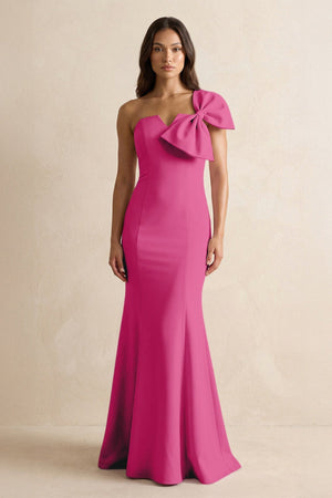 Bow Mermaid One Shoulder Bridesmaid Dress in Fuchsia - KISS BRIDAL Bridesmaid Dresses