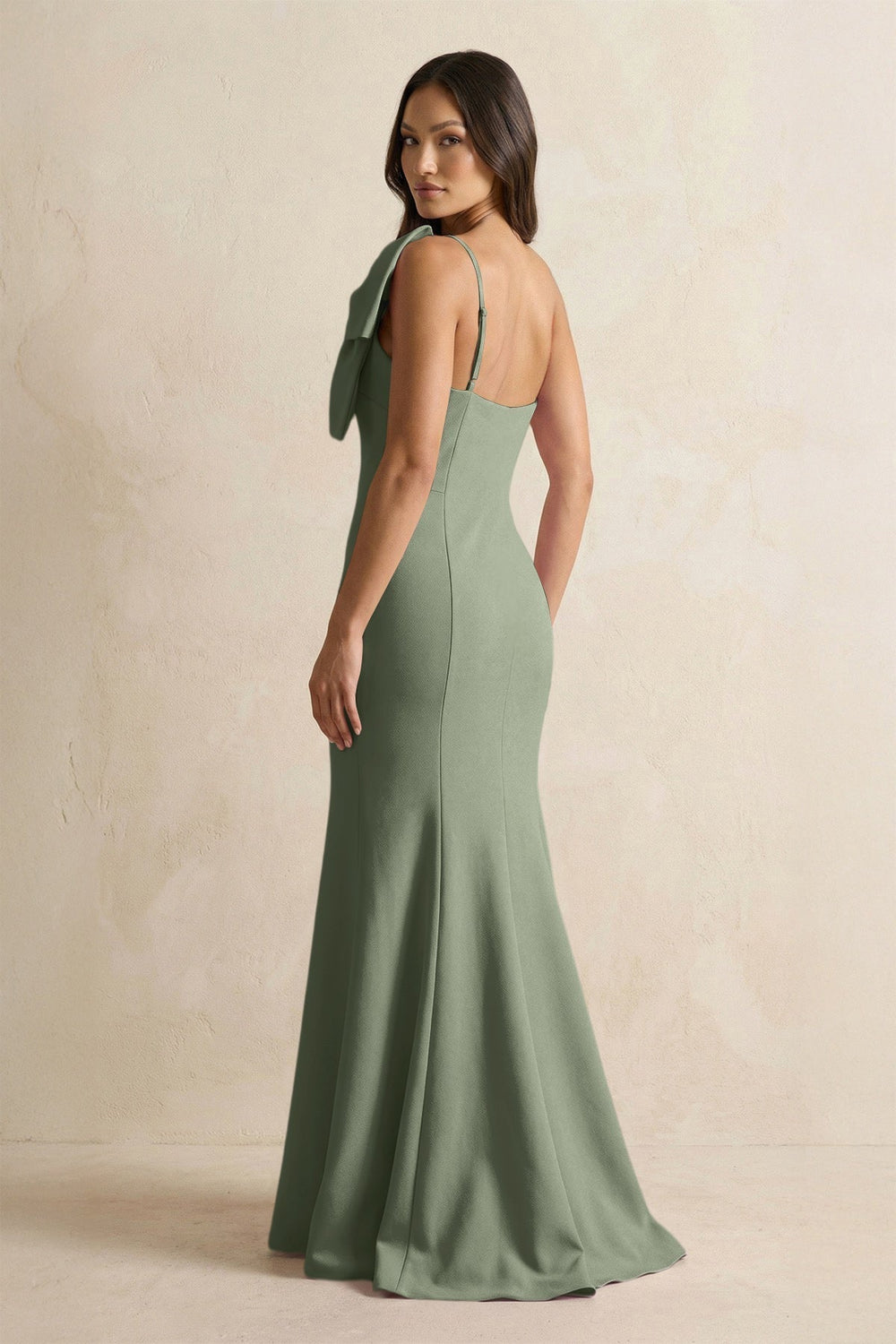 Bow Mermaid One Shoulder Bridesmaid Dress in Moss Green