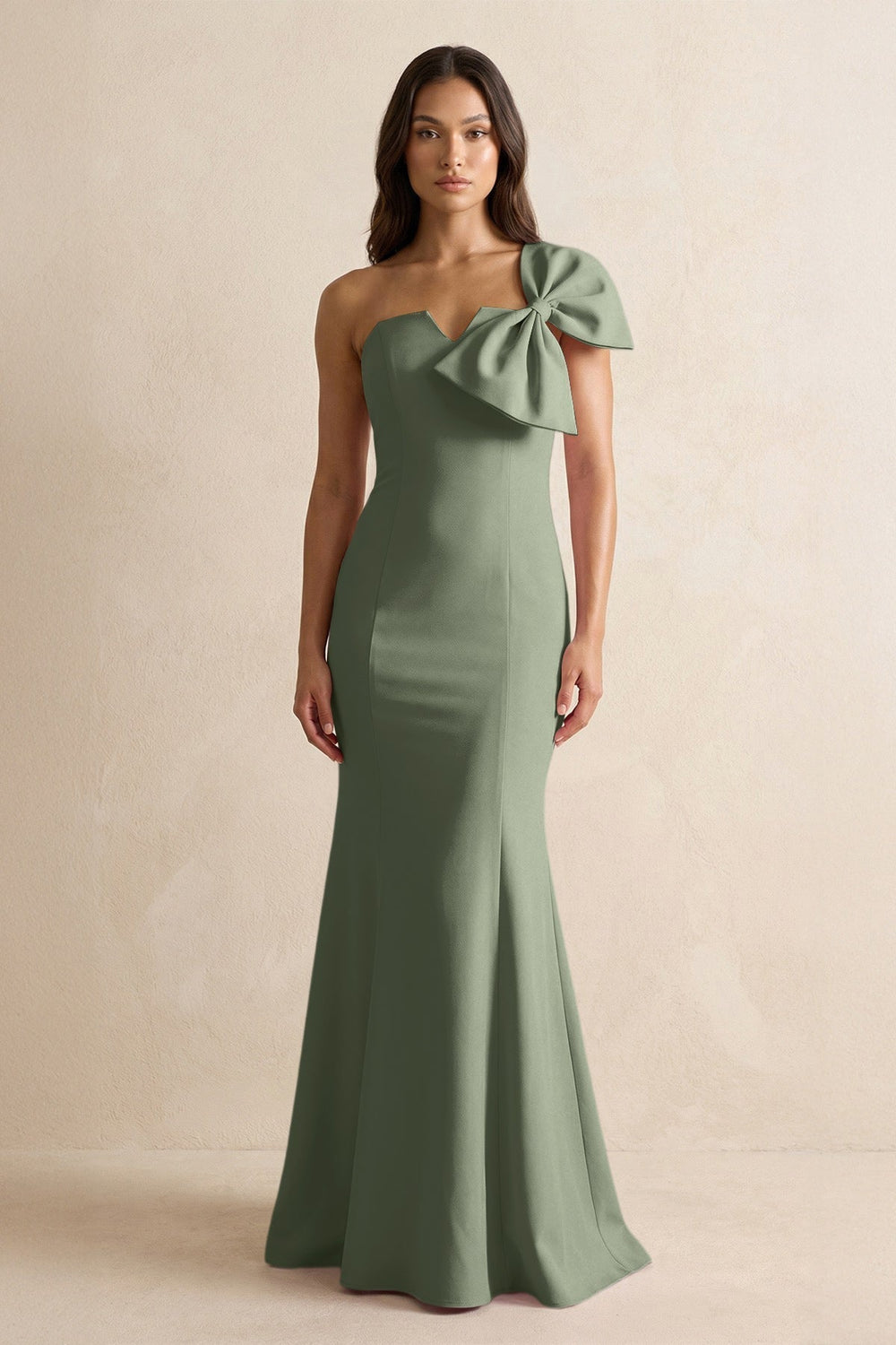 Bow Mermaid One Shoulder Bridesmaid Dress in Moss Green