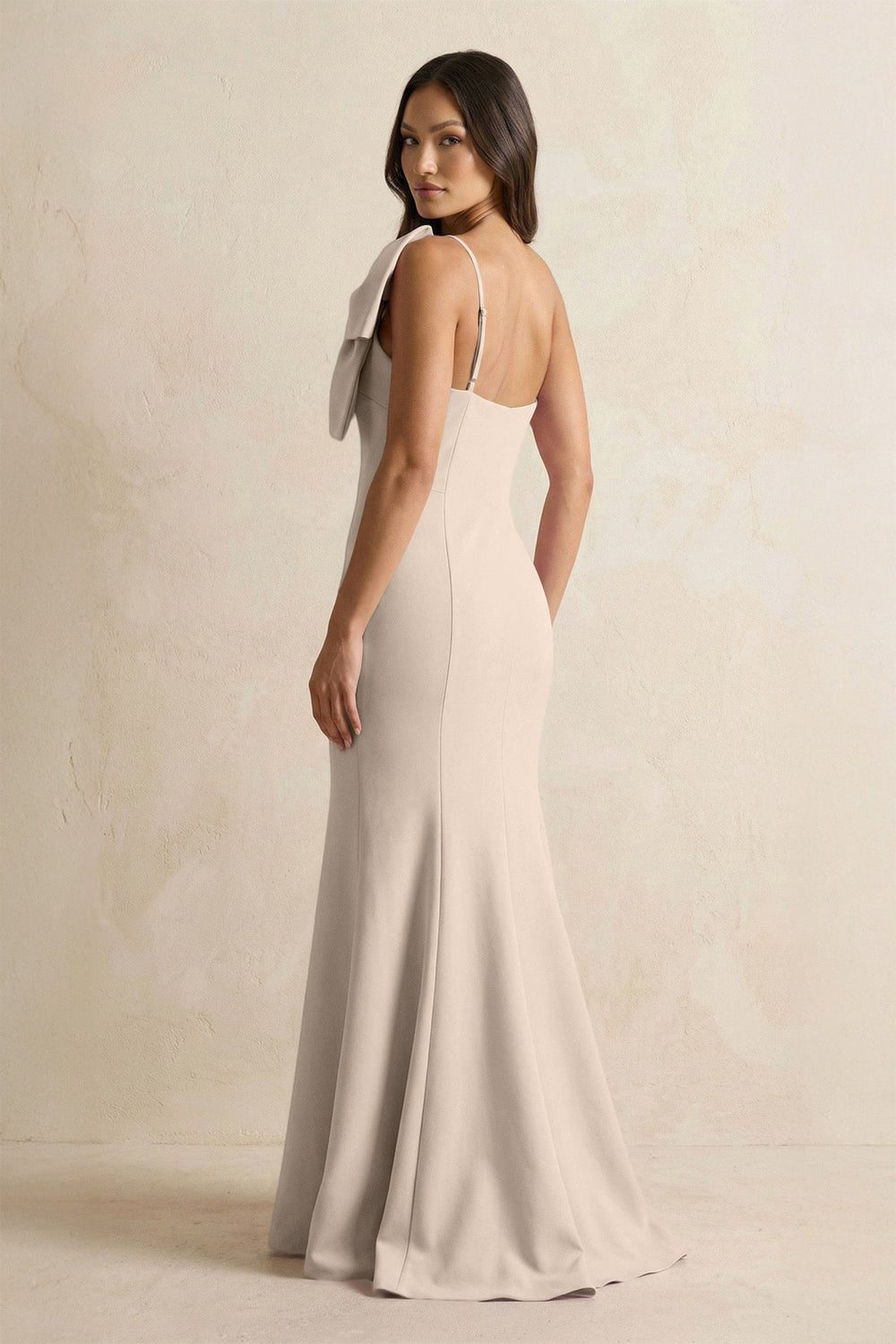 Bow Mermaid One Shoulder Bridesmaid Dress in Neutral Champagne