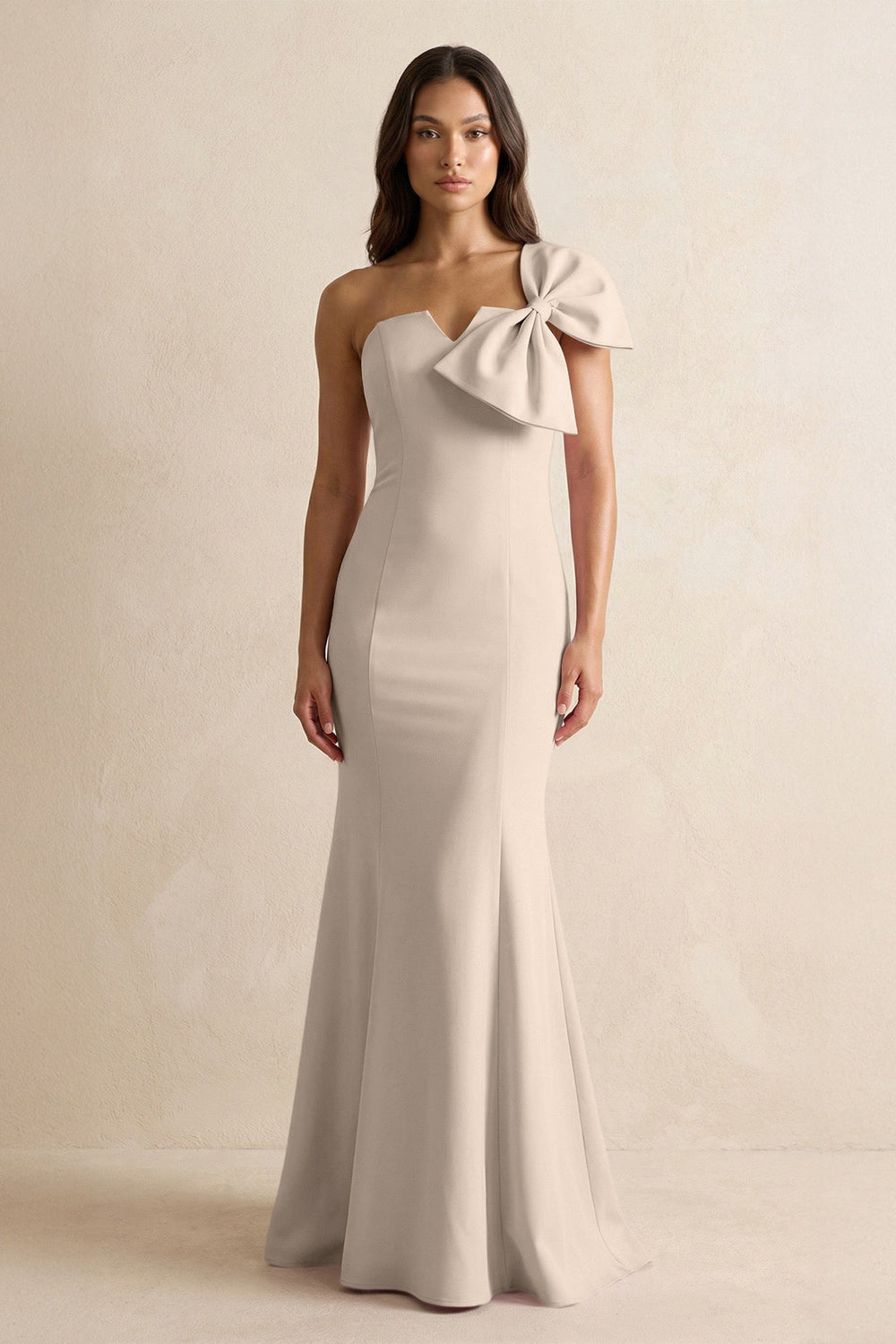 Bow Mermaid One Shoulder Bridesmaid Dress in Neutral Champagne