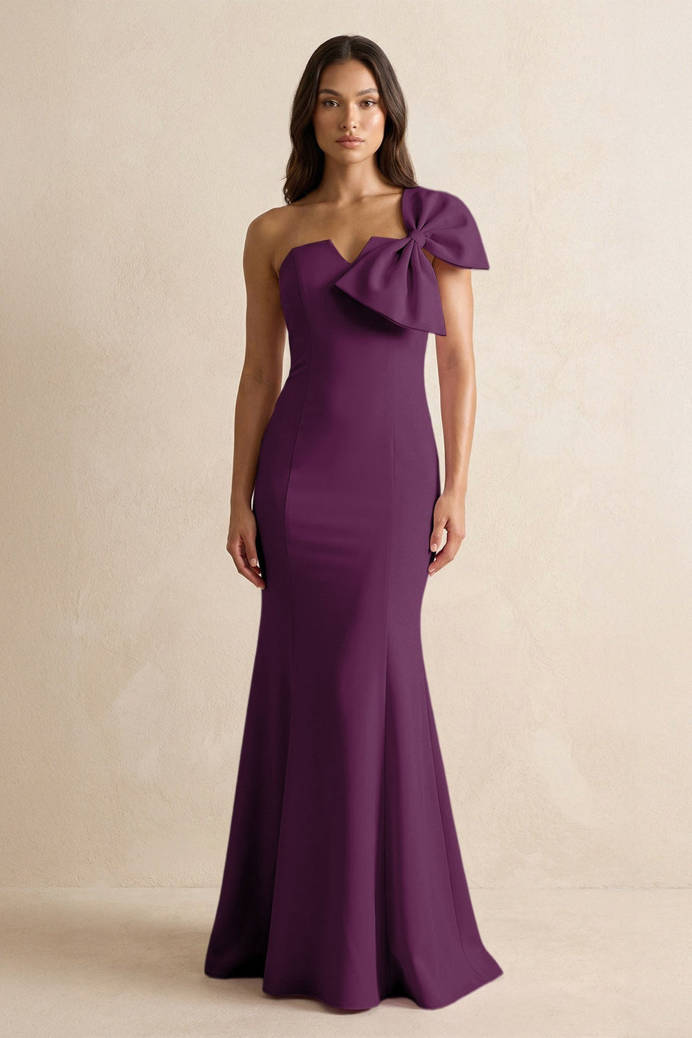 Bow Mermaid One Shoulder Bridesmaid Dress in Plum
