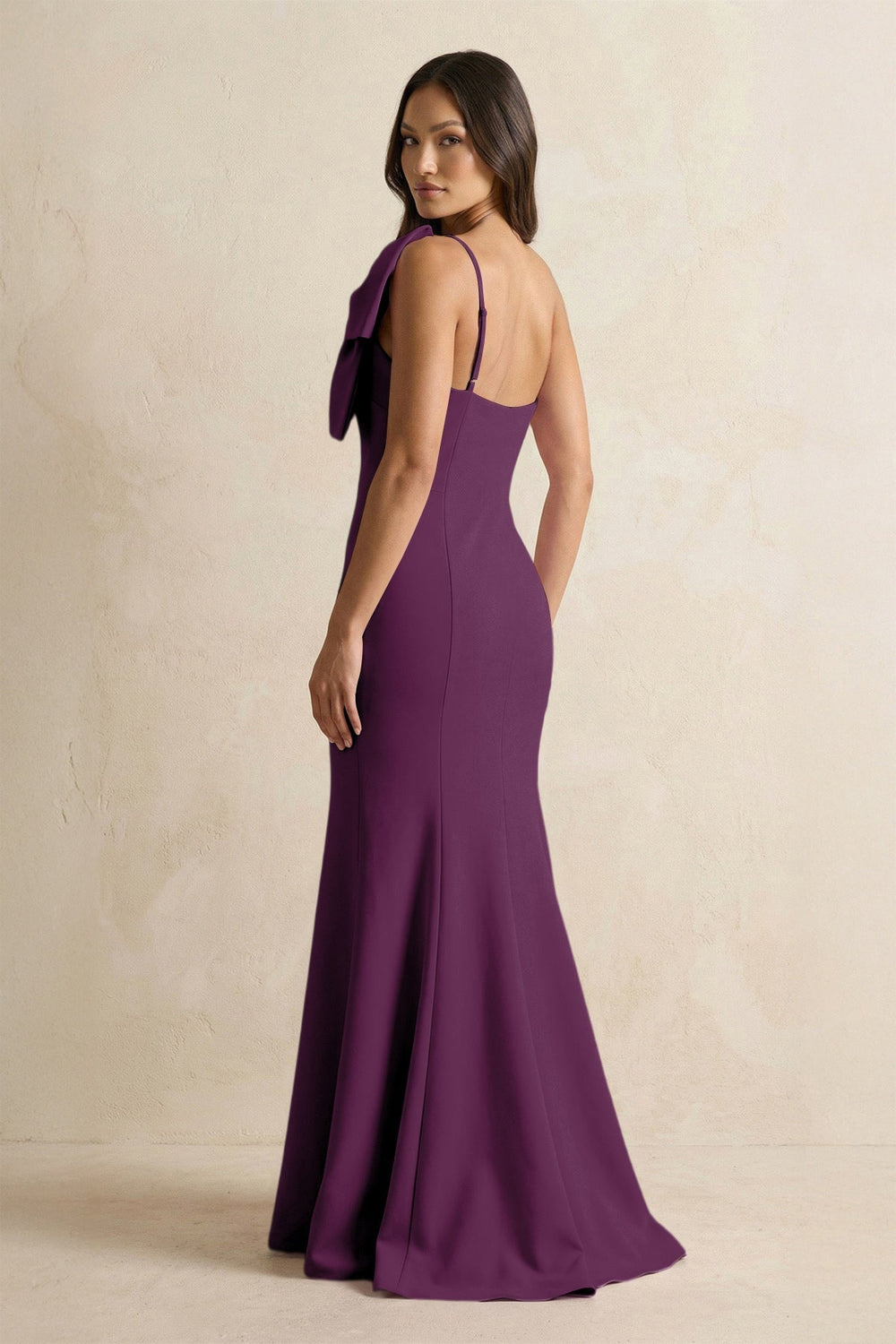Bow Mermaid One Shoulder Bridesmaid Dress in Plum
