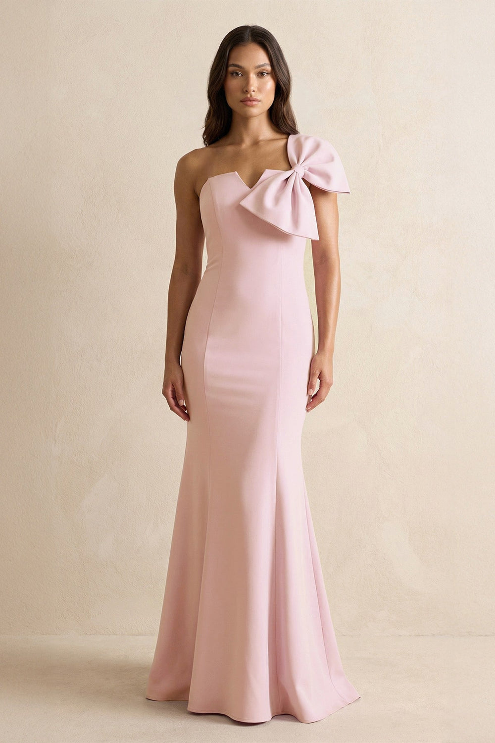 Bow Mermaid One Shoulder Bridesmaid Dress in Rose Petal