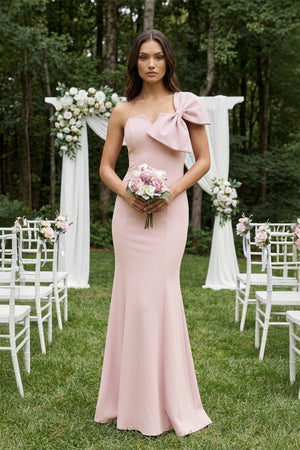 Bow Mermaid One Shoulder Bridesmaid Dress in Rose Petal - KISS BRIDAL Bridesmaid Dresses