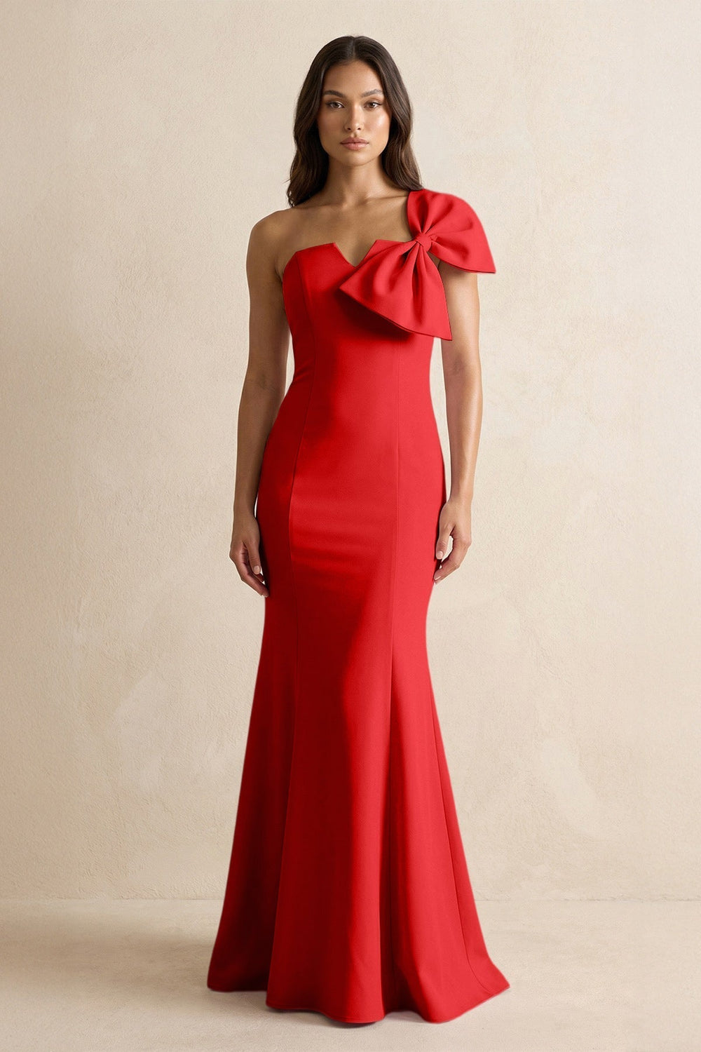 Bow Mermaid One Shoulder Bridesmaid Dress in Ruby Red