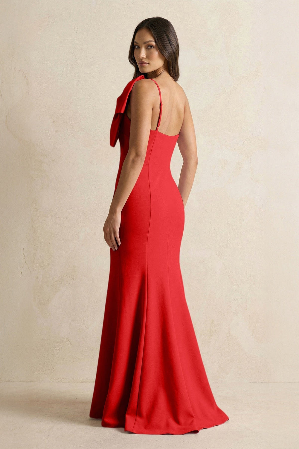 Bow Mermaid One Shoulder Bridesmaid Dress in Ruby Red