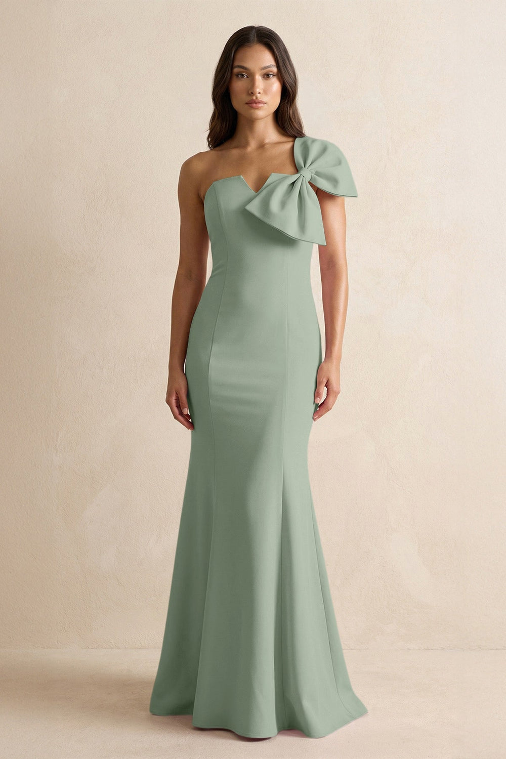 Bow Mermaid One Shoulder Bridesmaid Dress in Sage