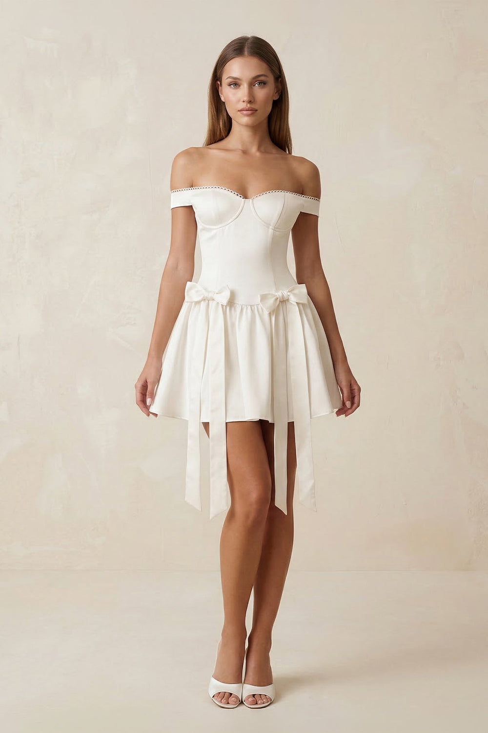 Bow Off-the-Shoulder A-Line Mini Wedding Dress in Ivory