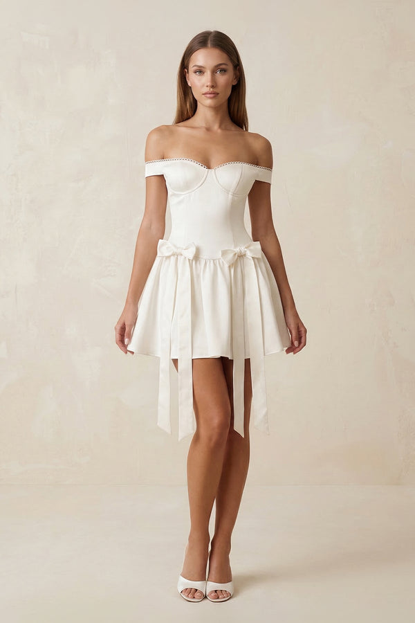 Bow Off - the - Shoulder A - Line Mini Wedding Dress in Ivory - KISS BRIDAL Wedding Dresses