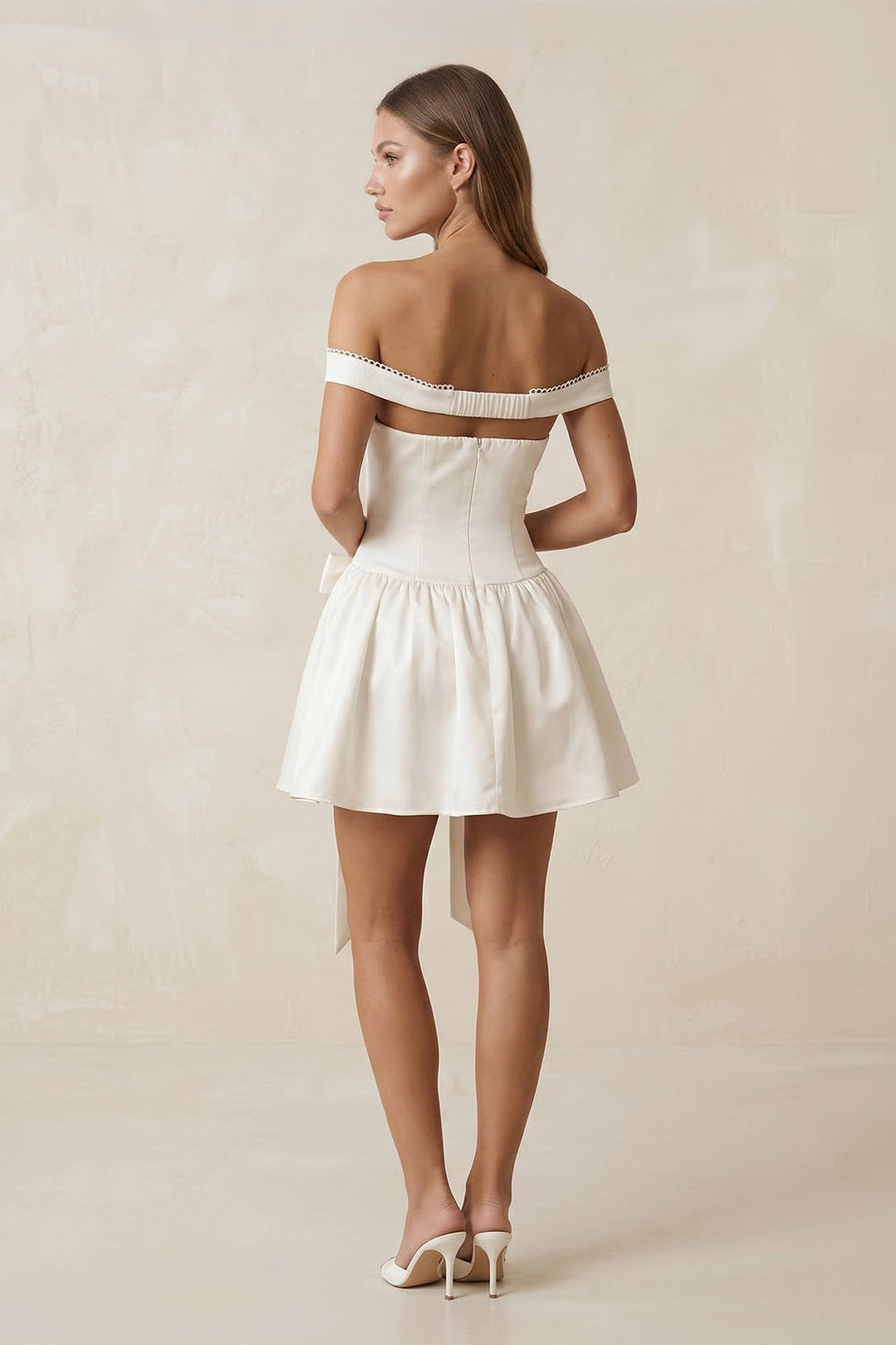Bow Off-the-Shoulder A-Line Mini Wedding Dress in Ivory