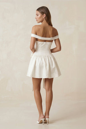 Bow Off - the - Shoulder A - Line Mini Wedding Dress in Ivory - KISS BRIDAL Wedding Dresses