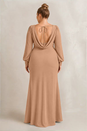 Bronzer Long Sleeve V-Neck Sheath Chiffon Bridesmaid Dress (2) [sizeplus] | KISSBRIDAL