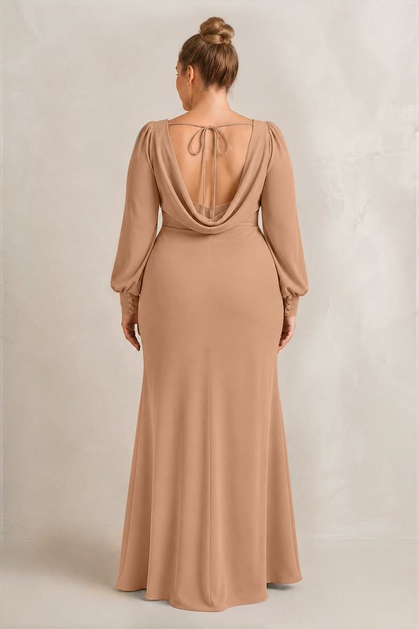 Bronzer Long Sleeve V-Neck Sheath Chiffon Bridesmaid Dress (2) [sizeplus] | KISSBRIDAL