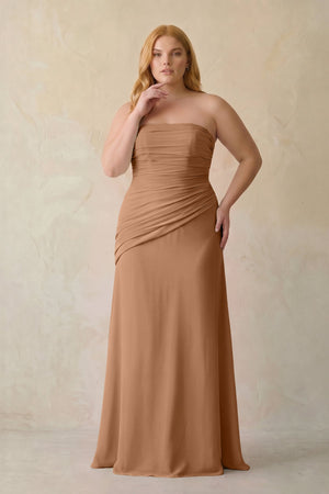Bronzer Sheath Chiffon Strapless Pleated Bridesmaid Dress (3) | KISSBRIDAL[sizeplus]
