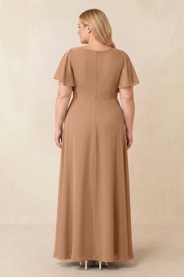 Bronzer Short Sleeves Bateau A-Line Chiffon Bridesmaid Dress (2) [sizeplus] | KISSBRIDAL