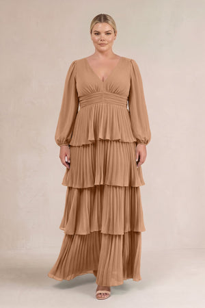 Bronzer V-Neck Tiered A-Line Long Sleeve Bridesmaid Dress (3) [sizeplus] | KISSBRIDAL