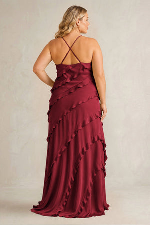 Burgundy Spaghetti Straps Sheath Stain Ruffled Bridesmaid Dress (2) | KISSBRIDAL[sizeplus]