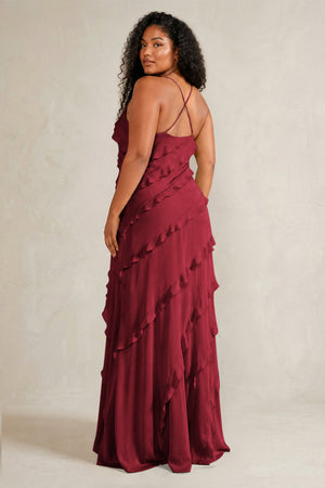 Burgundy Spaghetti Straps Sheath Stain Ruffled Bridesmaid Dress (4) | KISSBRIDAL[sizeplus]