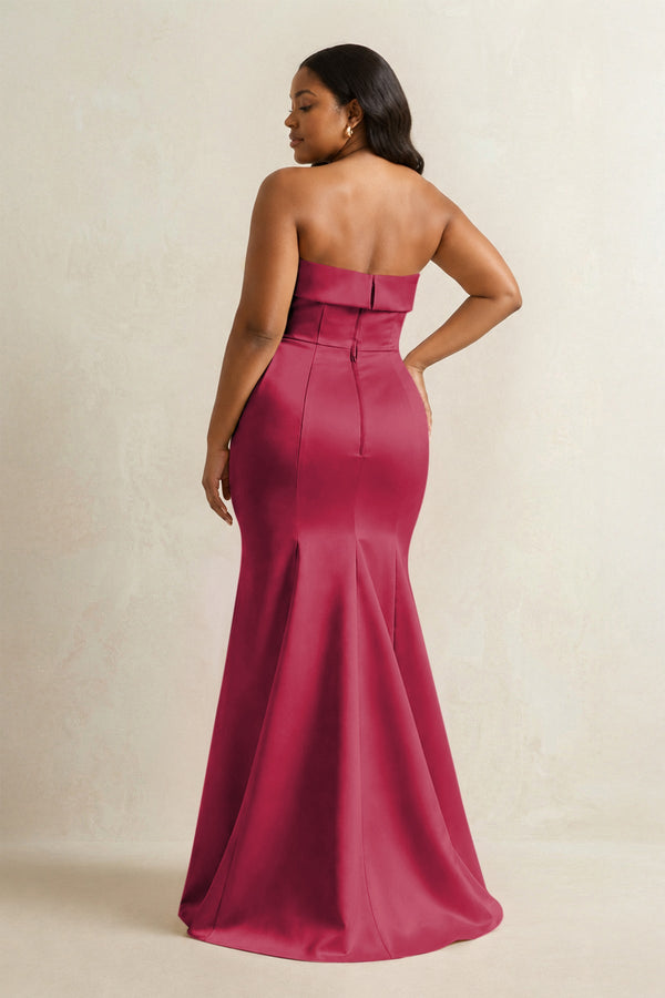Burgundy Strapless Satin Mermaid Bridesmaid Dress (2) [sizeplus] | KISSBRIDAL