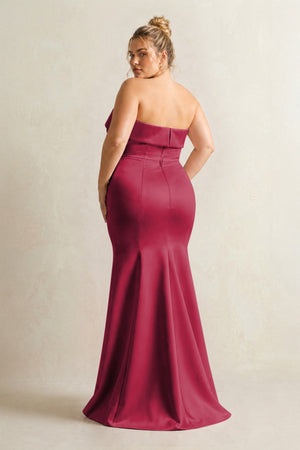 Burgundy Strapless Satin Mermaid Bridesmaid Dress (4) [sizeplus] | KISSBRIDAL