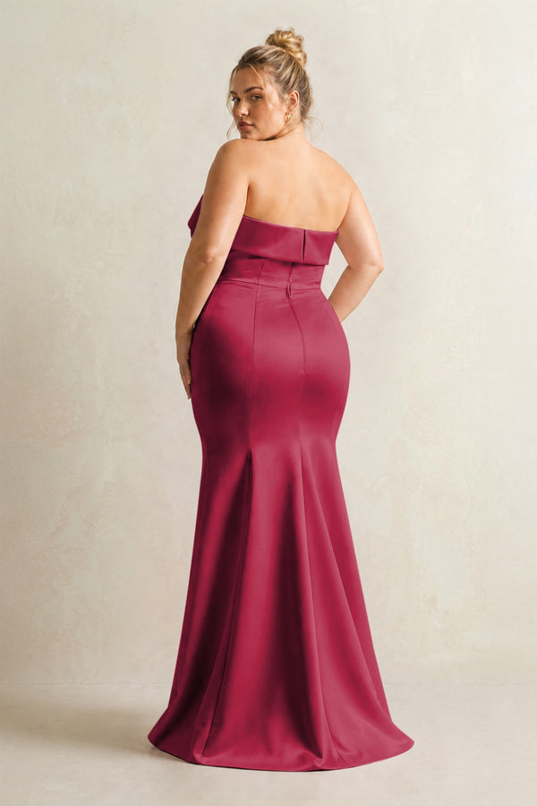 Burgundy Strapless Satin Mermaid Bridesmaid Dress (4) [sizeplus] | KISSBRIDAL