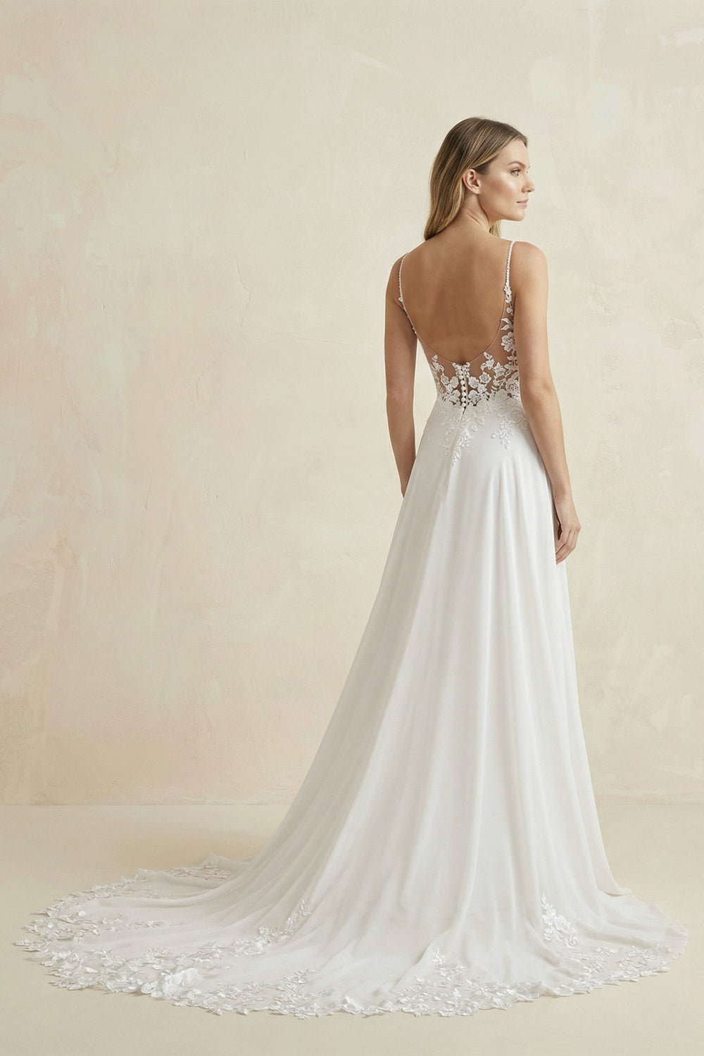 Cami Strap A-Line Chiffon Appliqued Wedding Dress in White