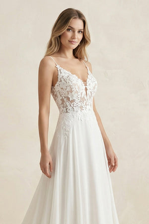 Cami Strap A - Line Chiffon Appliqued Wedding Dress in White - KISS BRIDAL Wedding Dresses