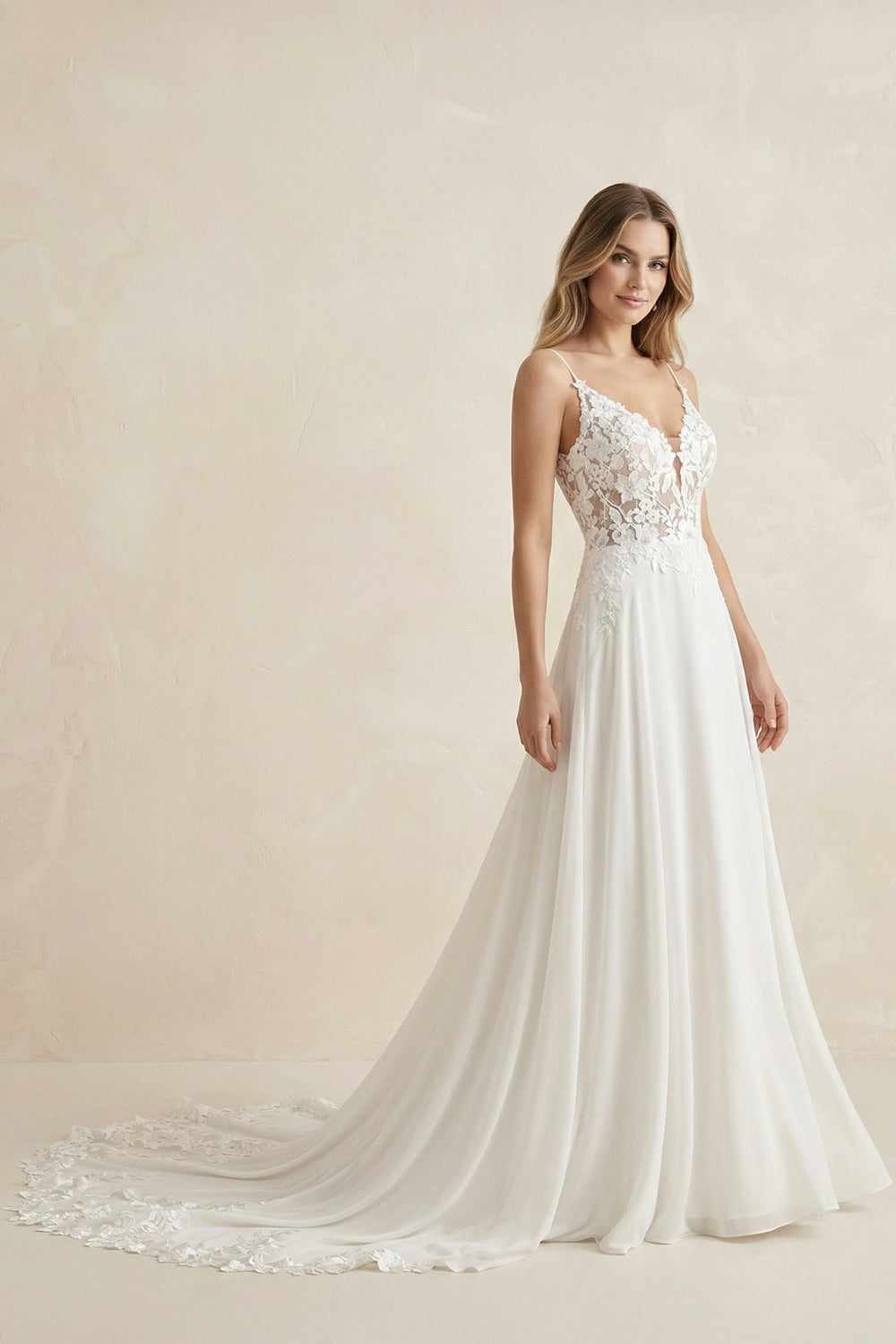 Cami Strap A-Line Chiffon Appliqued Wedding Dress in White