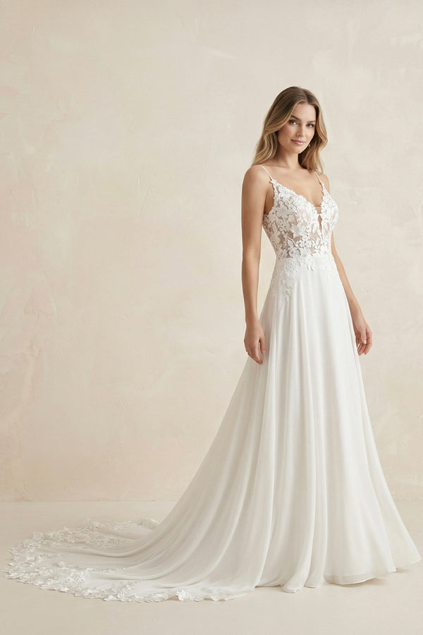 Cami Strap A - Line Chiffon Appliqued Wedding Dress in White - KISS BRIDAL Wedding Dresses