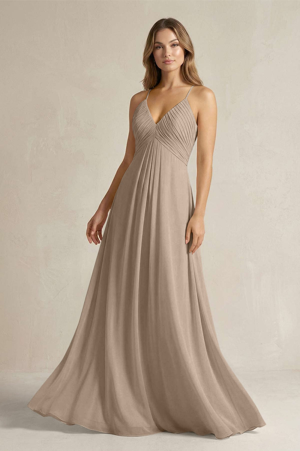 Cami Strap A-Line Chiffon Pleated Bridesmaid Dress in Almond