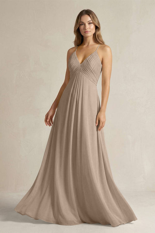 Cami Strap A-Line Chiffon Pleated Bridesmaid Dress in Almond | KISSBRIDAL