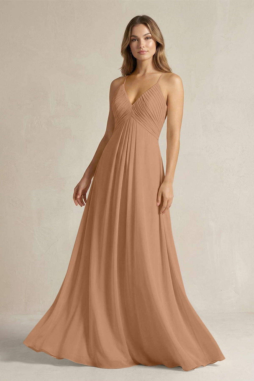 Cami Strap A-Line Chiffon Pleated Bridesmaid Dress in Bronzer