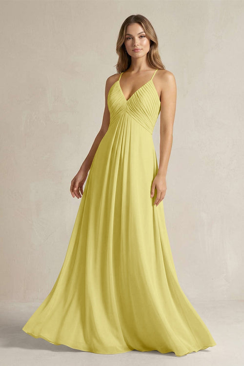 Cami Strap A - Line Chiffon Pleated Bridesmaid Dress in Buttercup - KISS BRIDAL Bridesmaid Dresses
