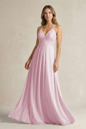 Cami Strap A-Line Chiffon Pleated Bridesmaid Dress in Candy Pink | KISSBRIDAL