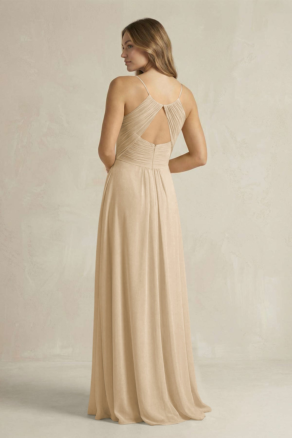 Cami Strap A-Line Chiffon Pleated Bridesmaid Dress in Champagne