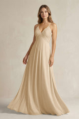 Cami Strap A-Line Chiffon Pleated Bridesmaid Dress in Champagne | KISSBRIDAL