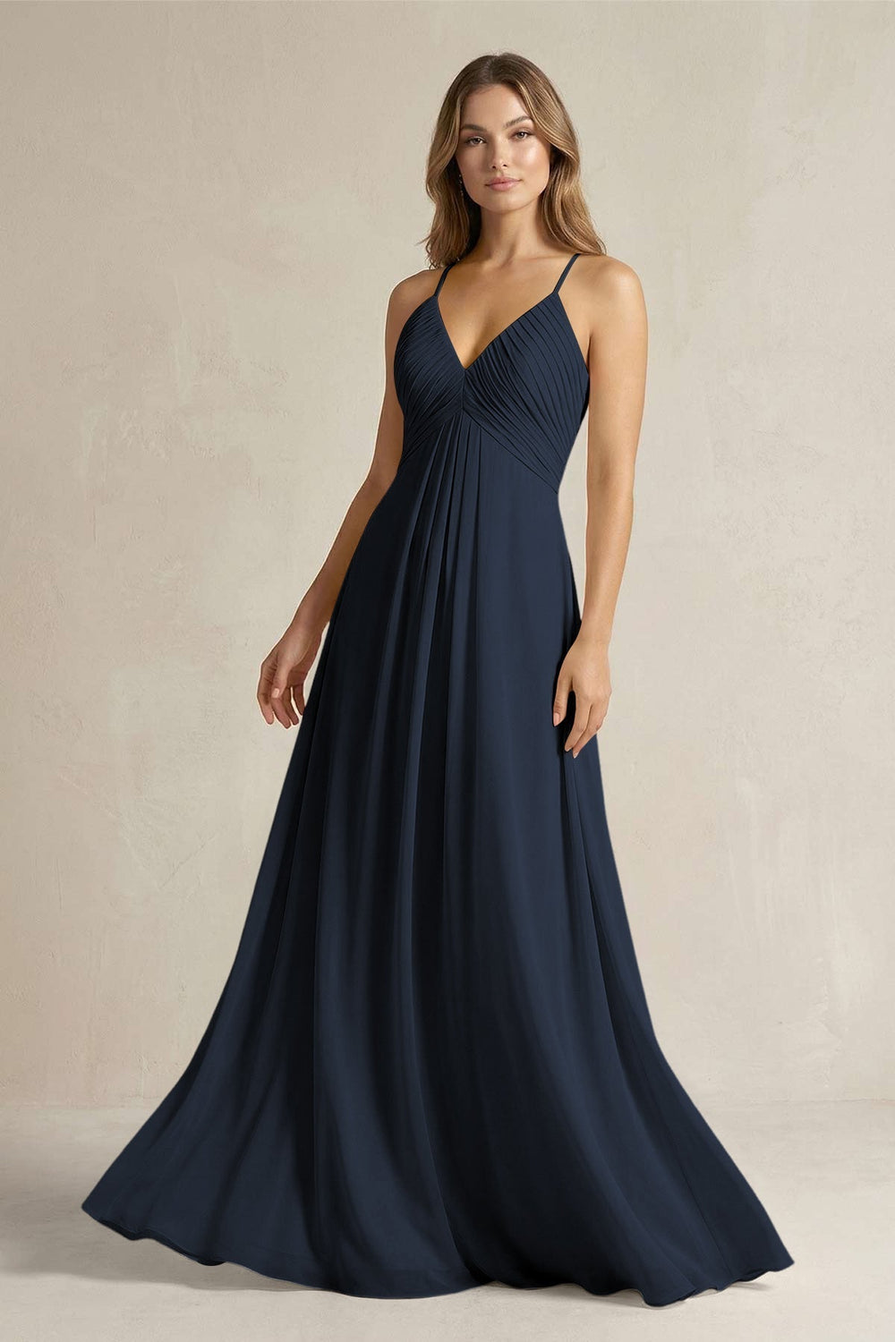 Cami Strap A-Line Chiffon Pleated Bridesmaid Dress in Dark Navy