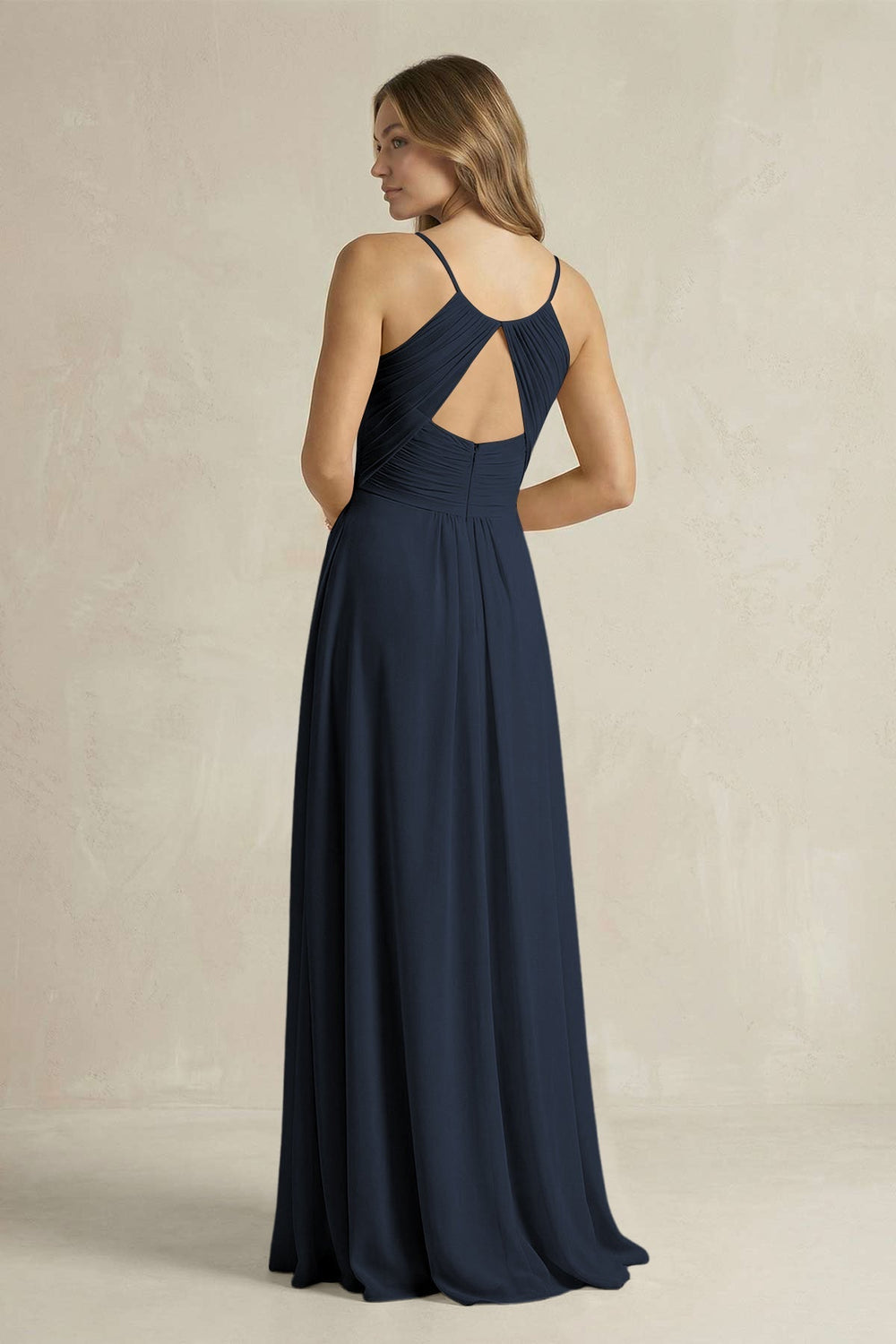 Cami Strap A-Line Chiffon Pleated Bridesmaid Dress in Dark Navy