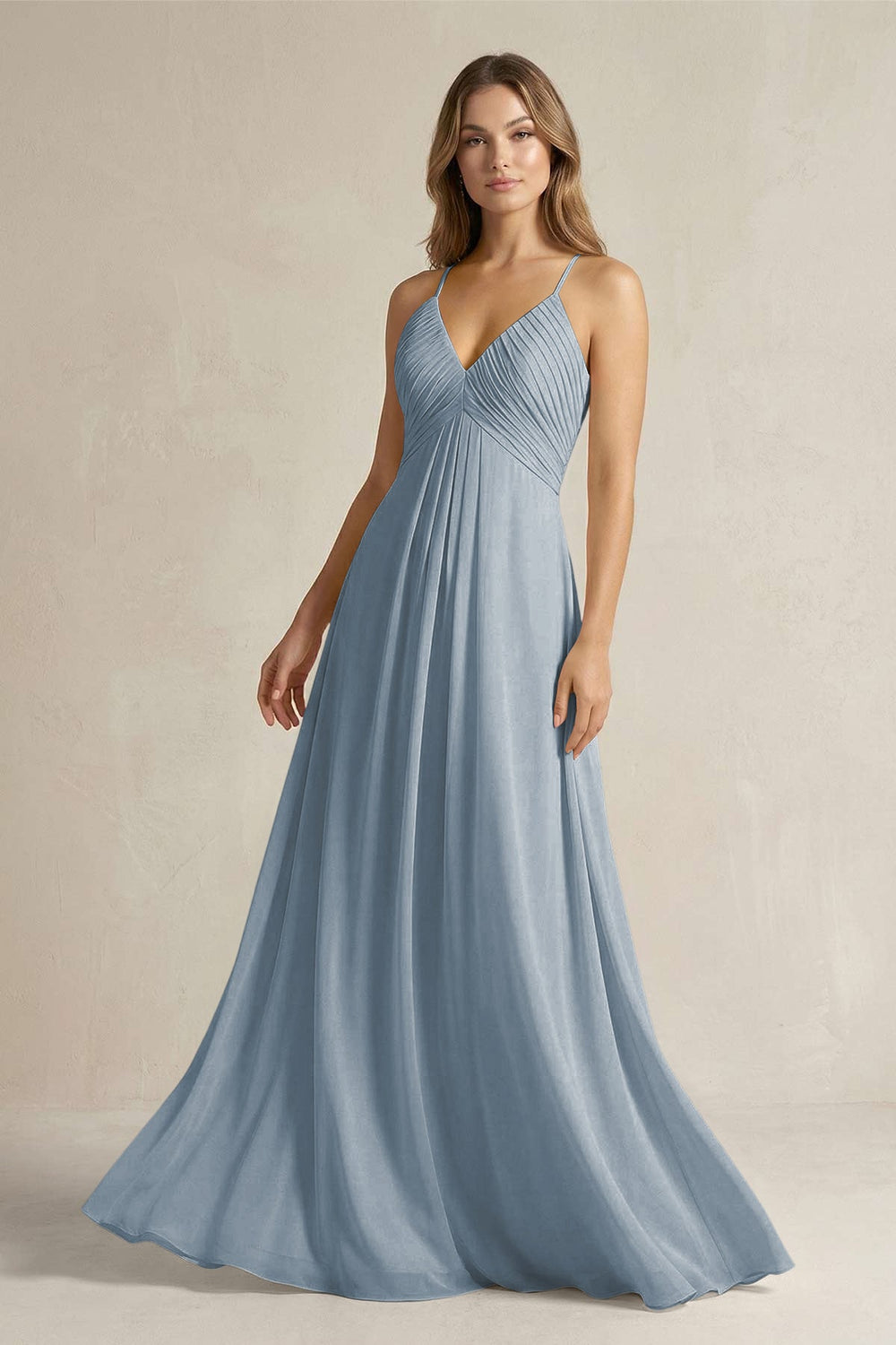 Cami Strap A-Line Chiffon Pleated Bridesmaid Dress in Dusty Blue