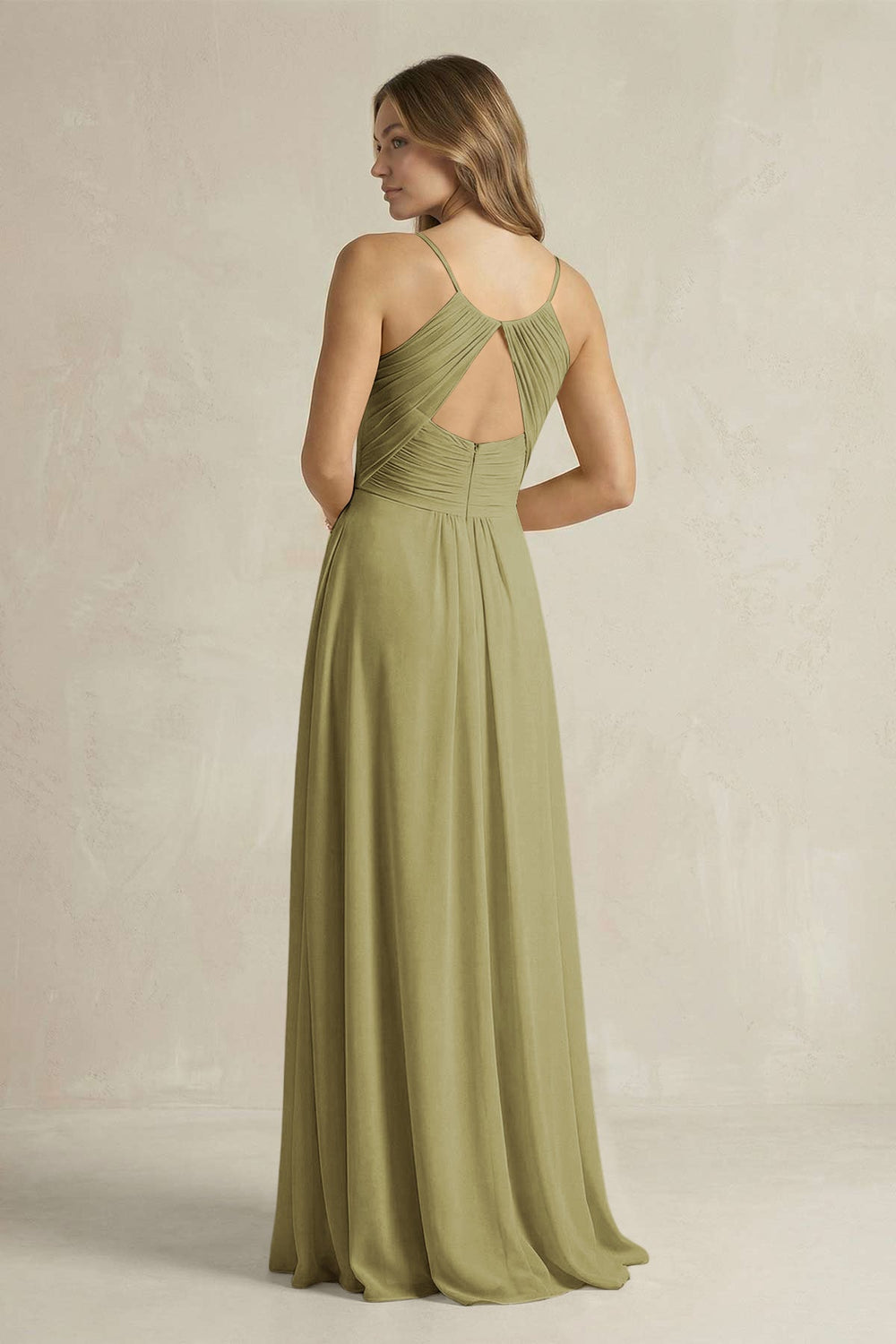 Cami Strap A-Line Chiffon Pleated Bridesmaid Dress in Moss Green