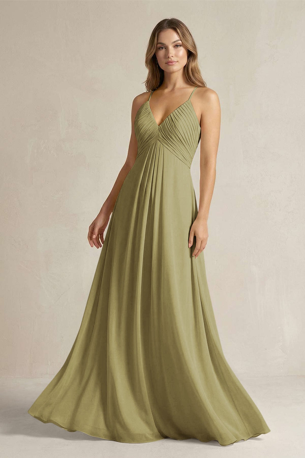 Cami Strap A-Line Chiffon Pleated Bridesmaid Dress in Moss Green